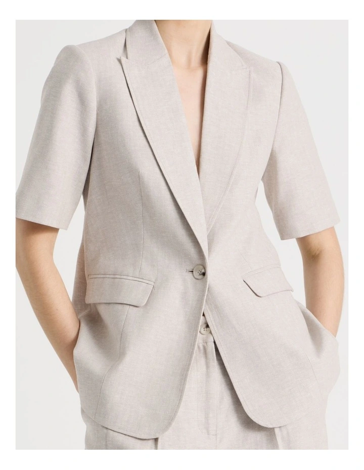 Short Sleeve Herringbone Blazer in Beige image 3