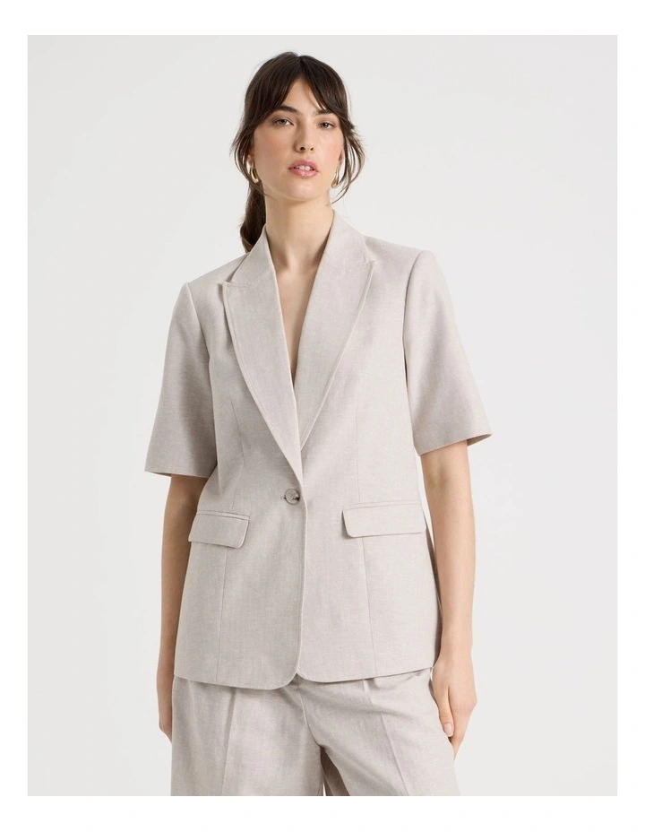 Short Sleeve Herringbone Blazer in Beige image 4