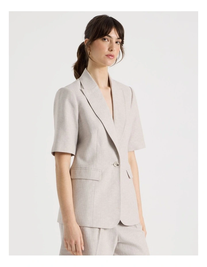 Short Sleeve Herringbone Blazer in Beige image 5