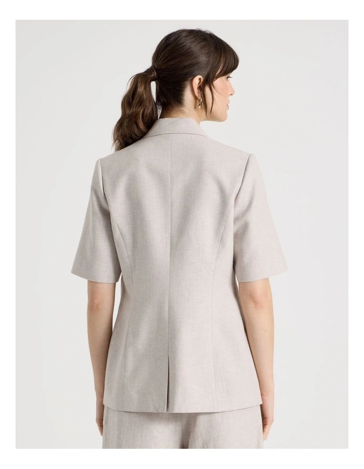 Short Sleeve Herringbone Blazer in Beige image 6