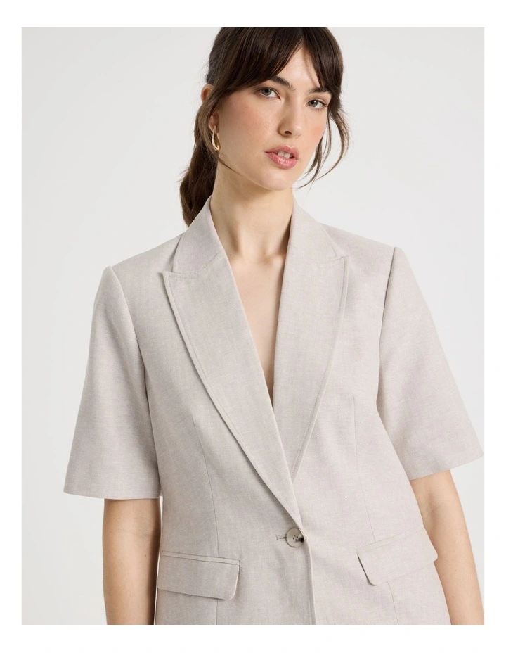 Short Sleeve Herringbone Blazer in Beige image 7