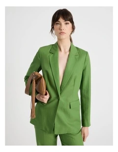 Single Breasted Linen Blend Blazer in Green