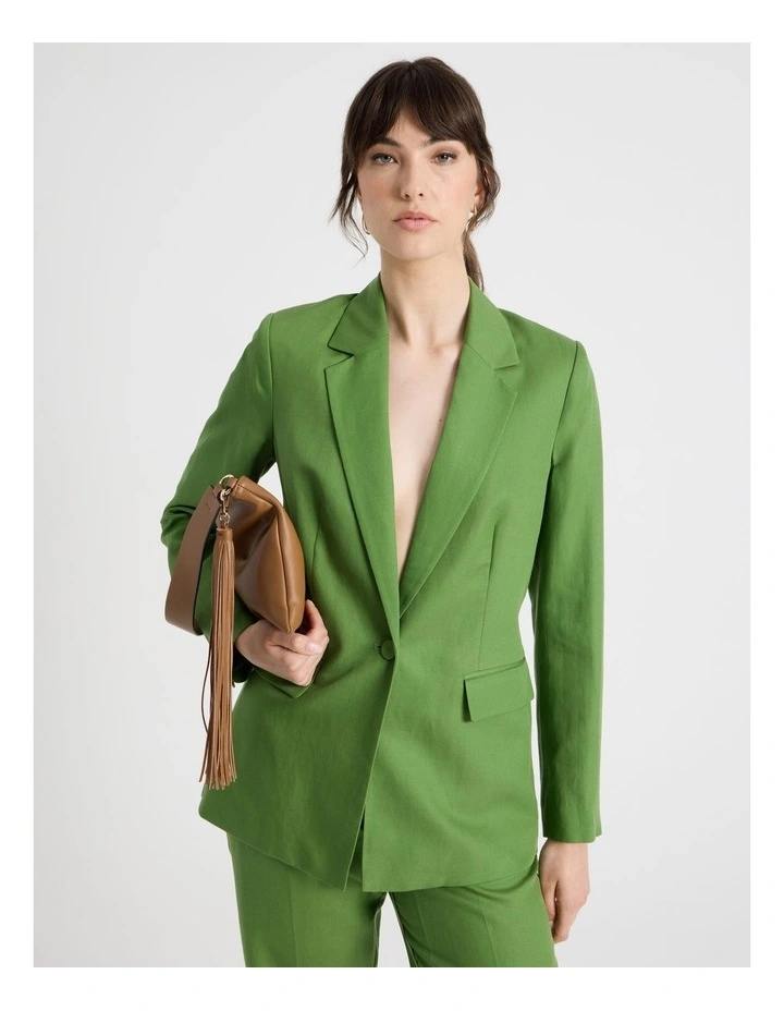 Single Breasted Linen Blend Blazer in Green image 1