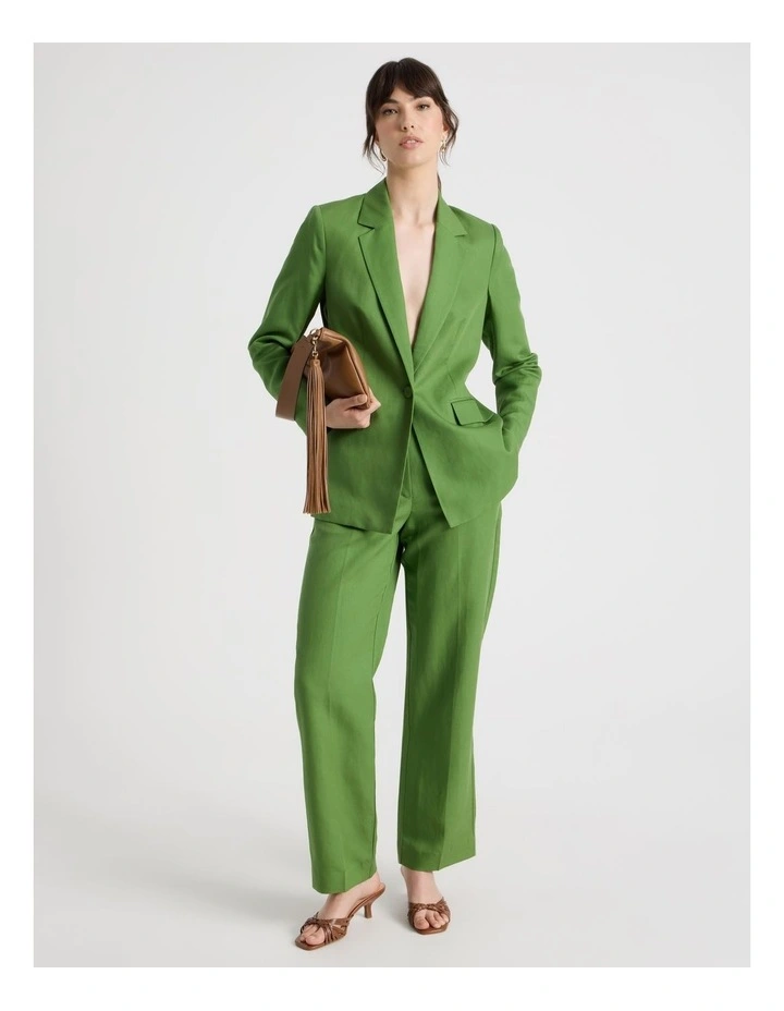 Single Breasted Linen Blend Blazer in Green image 2