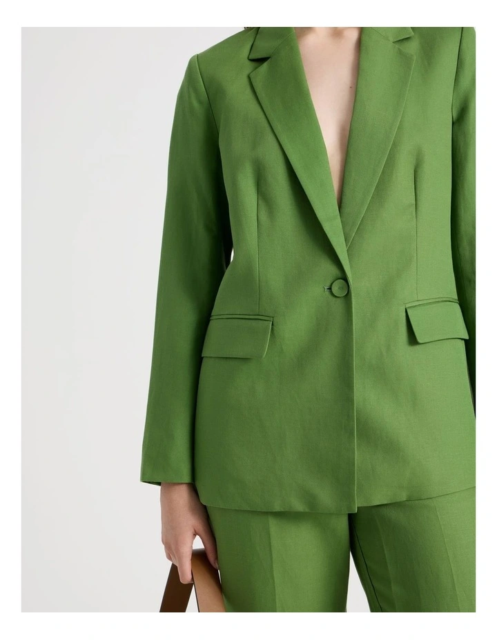 Single Breasted Linen Blend Blazer in Green image 3