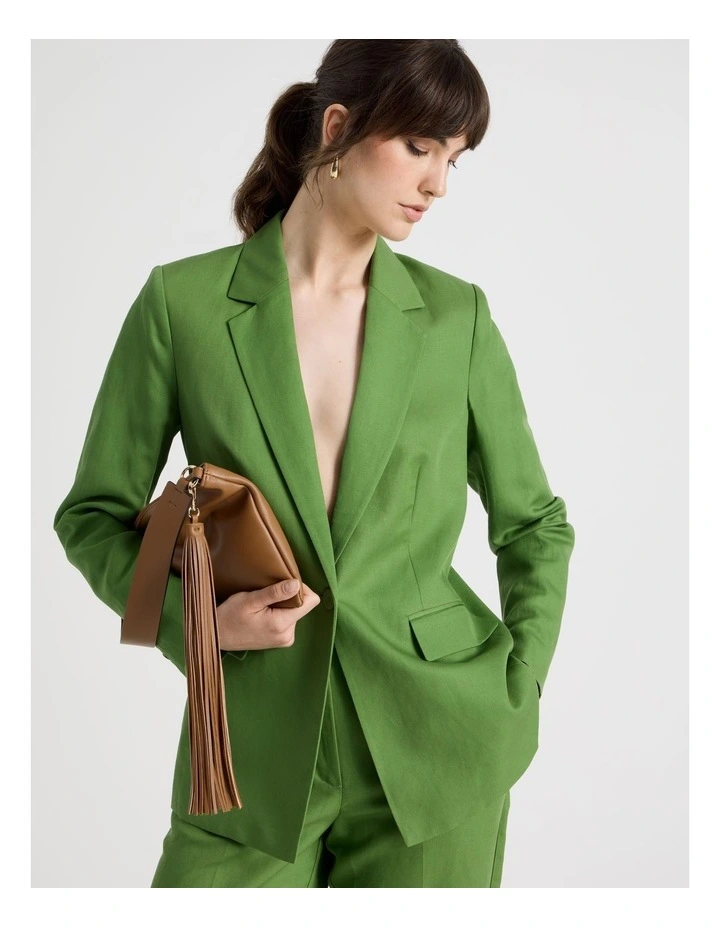 Single Breasted Linen Blend Blazer in Green image 4