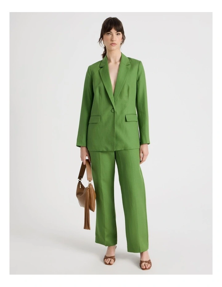 Single Breasted Linen Blend Blazer in Green image 5