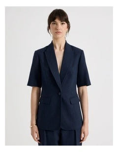Short Sleeve Herringbone Blazer in Navy