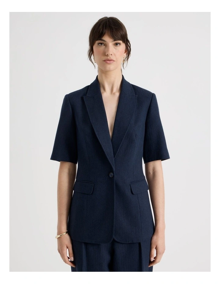 Short Sleeve Herringbone Blazer in Navy image 1