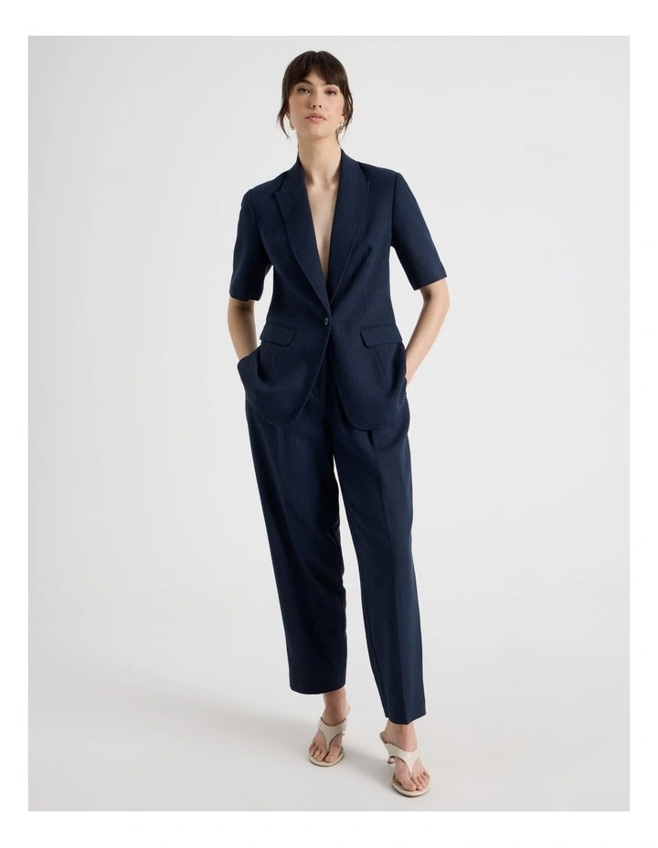 Short Sleeve Herringbone Blazer in Navy image 2
