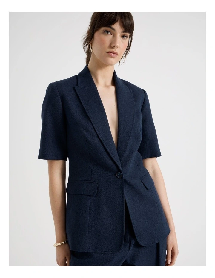 Short Sleeve Herringbone Blazer in Navy image 3