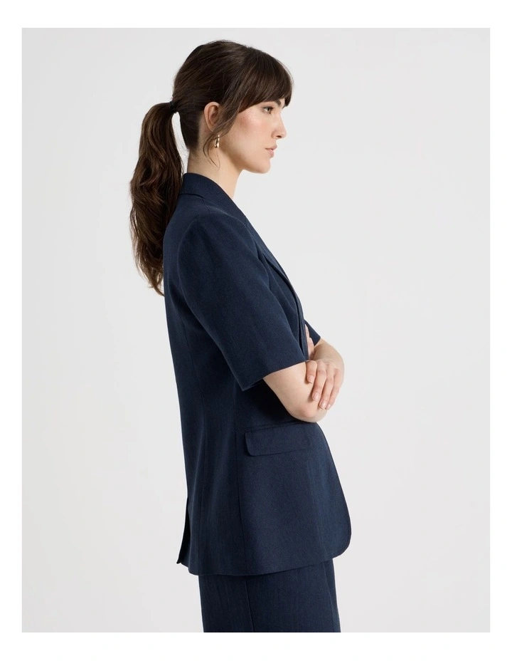 Short Sleeve Herringbone Blazer in Navy image 4