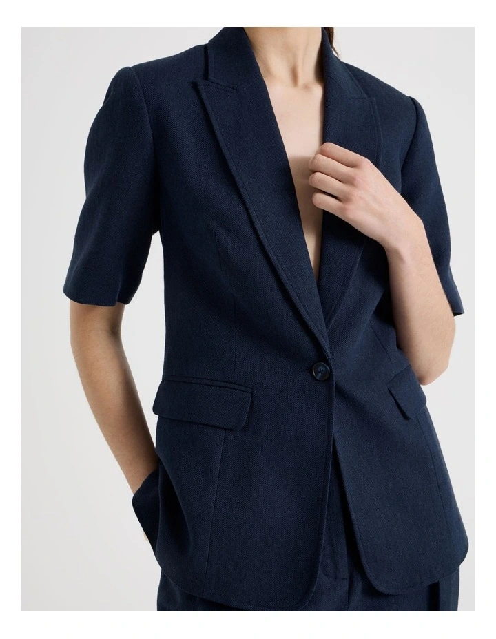 Short Sleeve Herringbone Blazer in Navy image 7