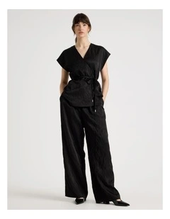 Crushed Acetate Wide Leg Pant in Black