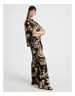 Wide Leg Linen Blend Pant in Black and Sand Leaf Print