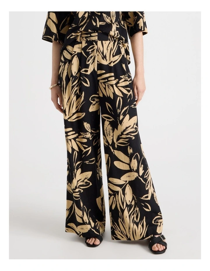 Wide Leg Linen Blend Pant in Black and Sand Leaf Print image 2