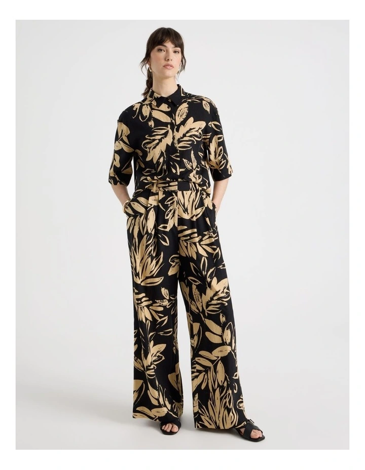 Wide Leg Linen Blend Pant in Black and Sand Leaf Print image 3