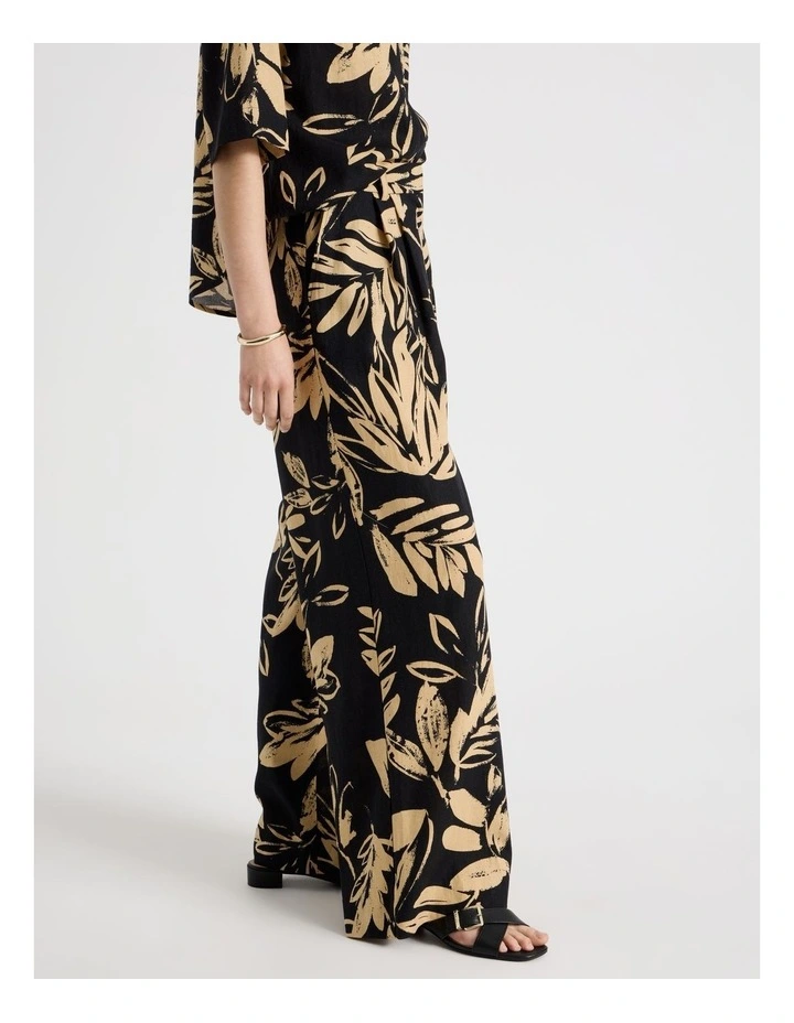 Wide Leg Linen Blend Pant in Black and Sand Leaf Print image 4
