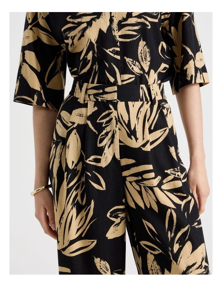 Wide Leg Linen Blend Pant in Black and Sand Leaf Print image 5