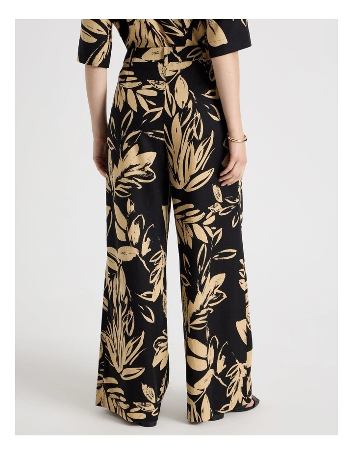 Wide Leg Linen Blend Pant in Black and Sand Leaf Print image 6