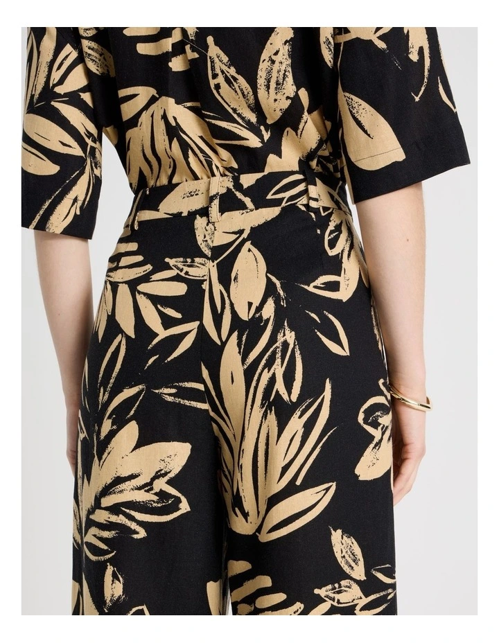 Wide Leg Linen Blend Pant in Black and Sand Leaf Print image 7