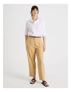 Linen Blend Barrel Leg Pant in Caramel