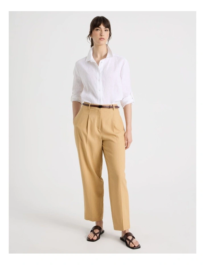 Linen Blend Barrel Leg Pant in Caramel image 1