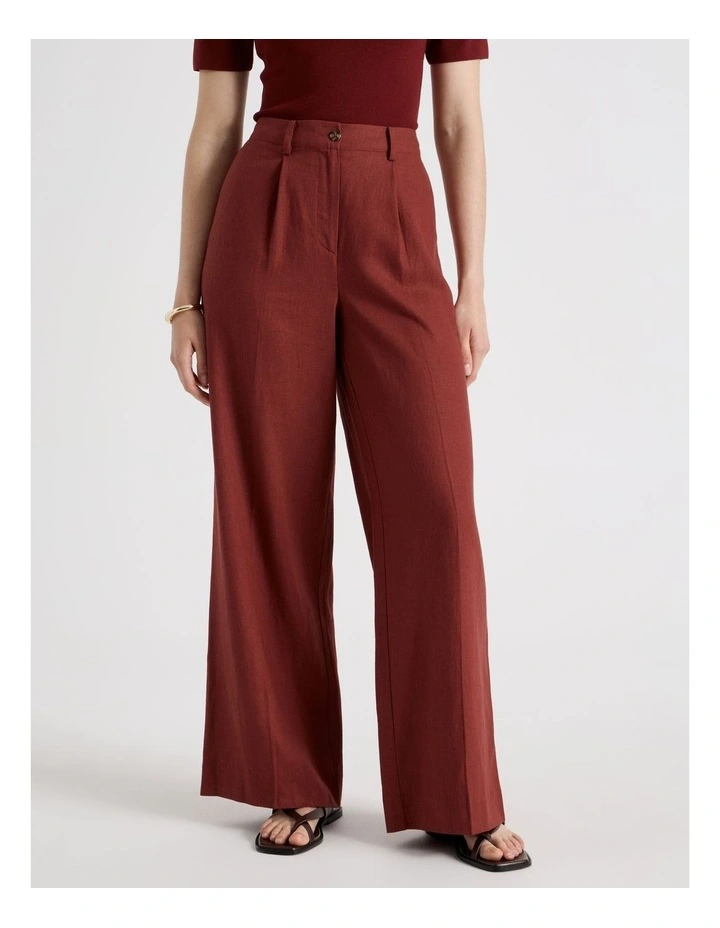Linen Blend Pant with Elasticated Back in Wine image 2