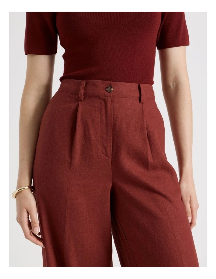 Linen Blend Pant with Elasticated Back in Wine image 3