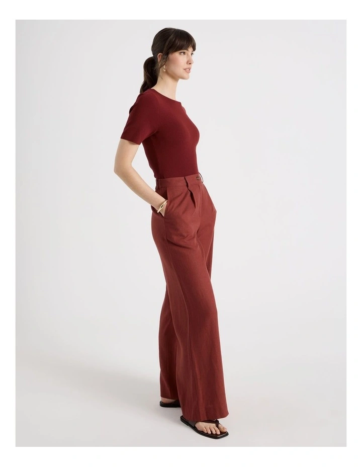 Linen Blend Pant with Elasticated Back in Wine image 5
