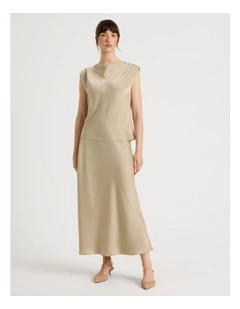 Poly Satin Midi Skirt in Stone