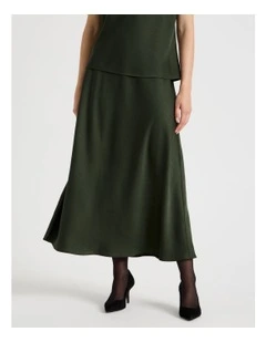 Poly Satin Midi Skirt in Dark Green