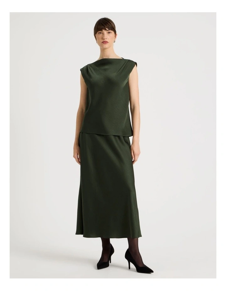 Poly Satin Midi Skirt in Dark Green image 2