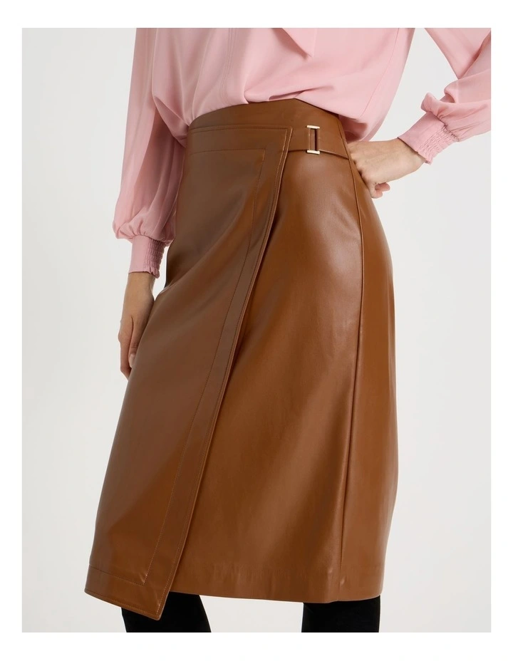 PU Asymmetrical Midi Skirt in Tan image 2