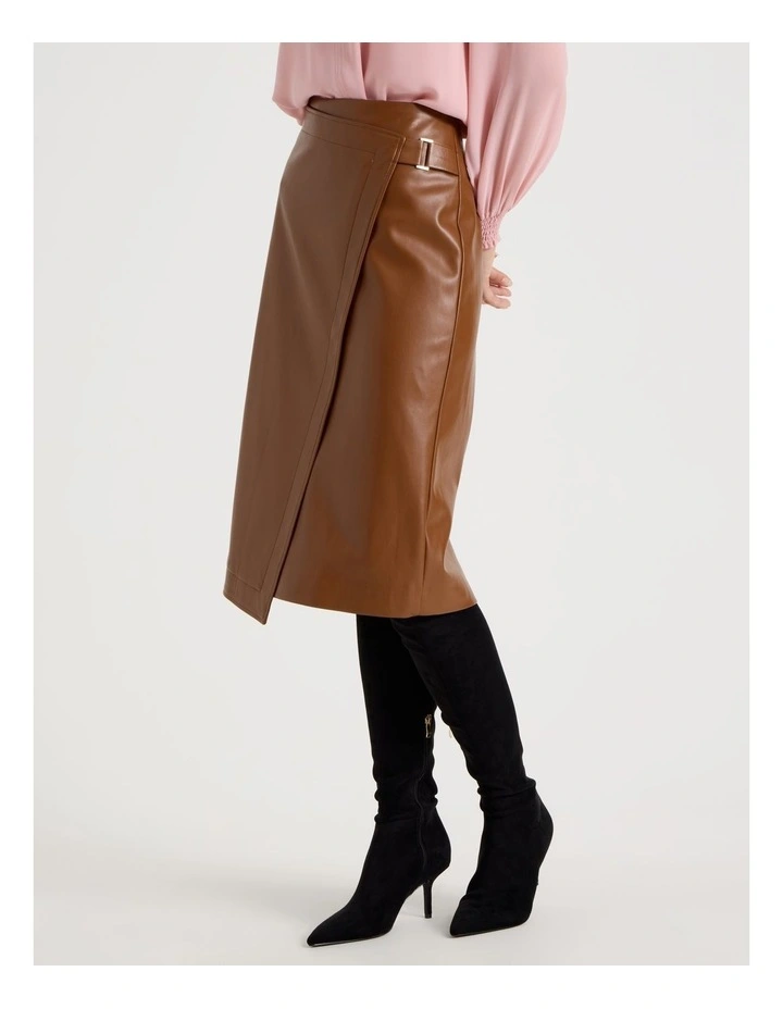 PU Asymmetrical Midi Skirt in Tan image 3