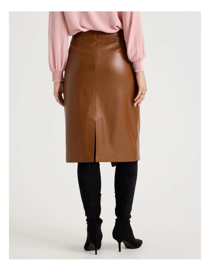 PU Asymmetrical Midi Skirt in Tan image 6