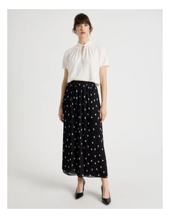 Pleated Midi Skirt in Black and White Polka Dot