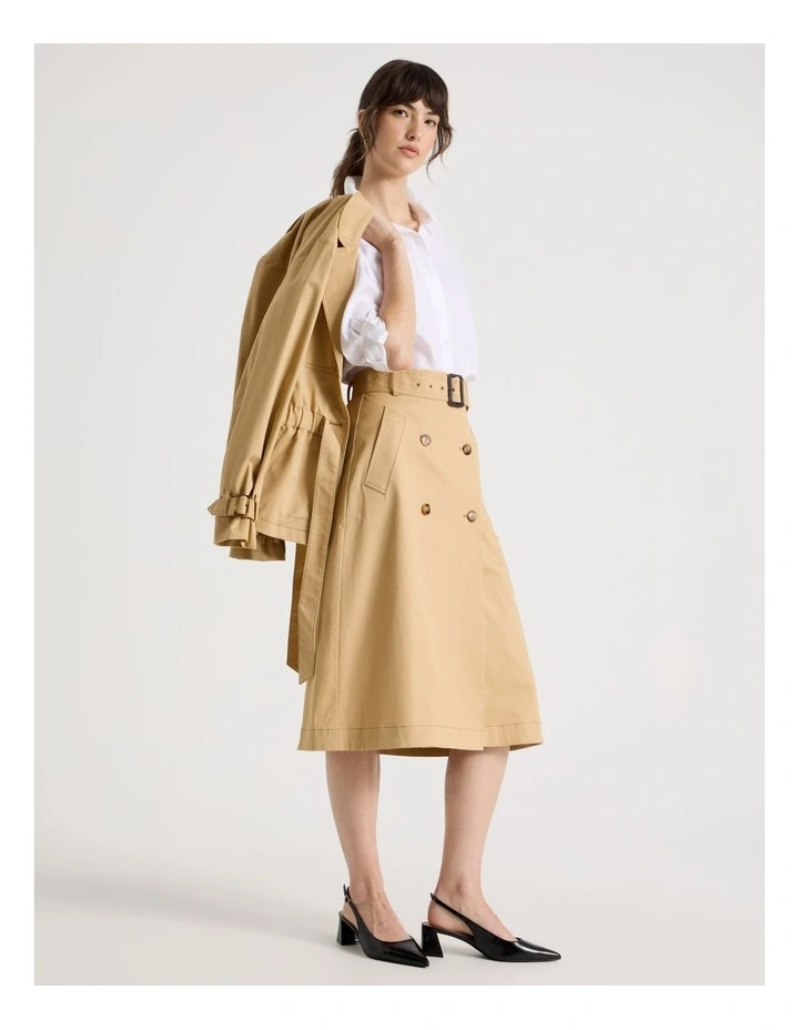 Cotton Trench Midi Skirt in Stone image 3