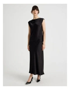 Satin Midi Skirt in Black