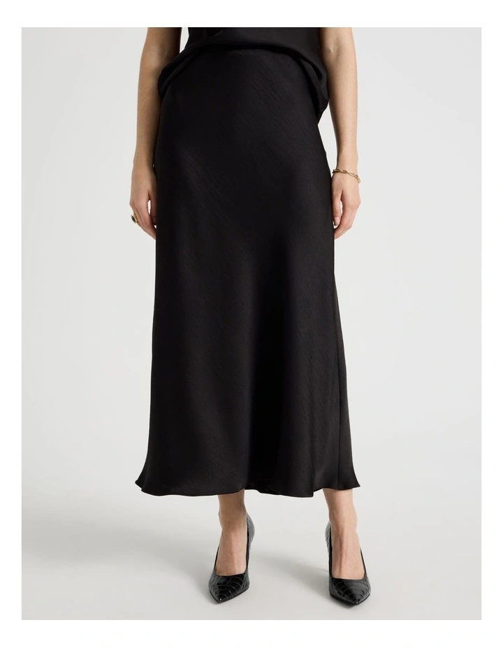 Satin Midi Skirt in Black image 2