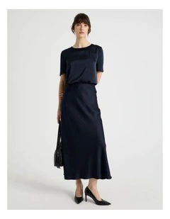 Satin Midi Skirt in Navy