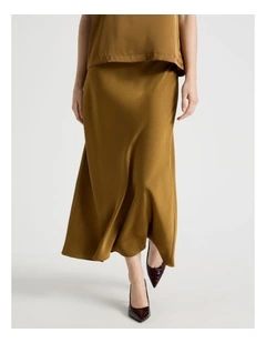 Satin Midi Skirt in Khaki