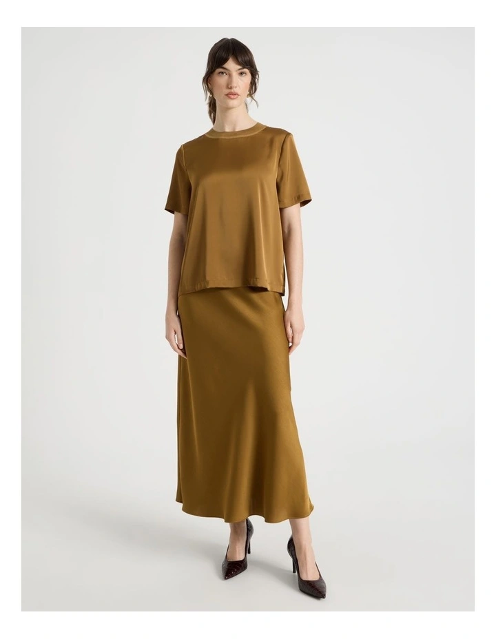 Satin Midi Skirt in Khaki image 2
