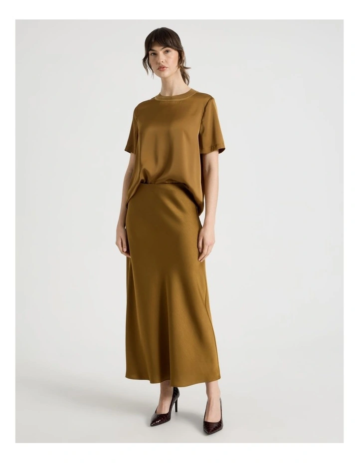 Satin Midi Skirt in Khaki image 4