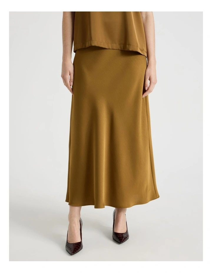 Satin Midi Skirt in Khaki image 5