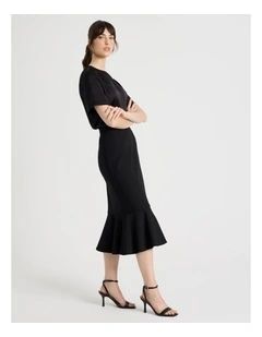Flounce Hem Midi Skirt in Black