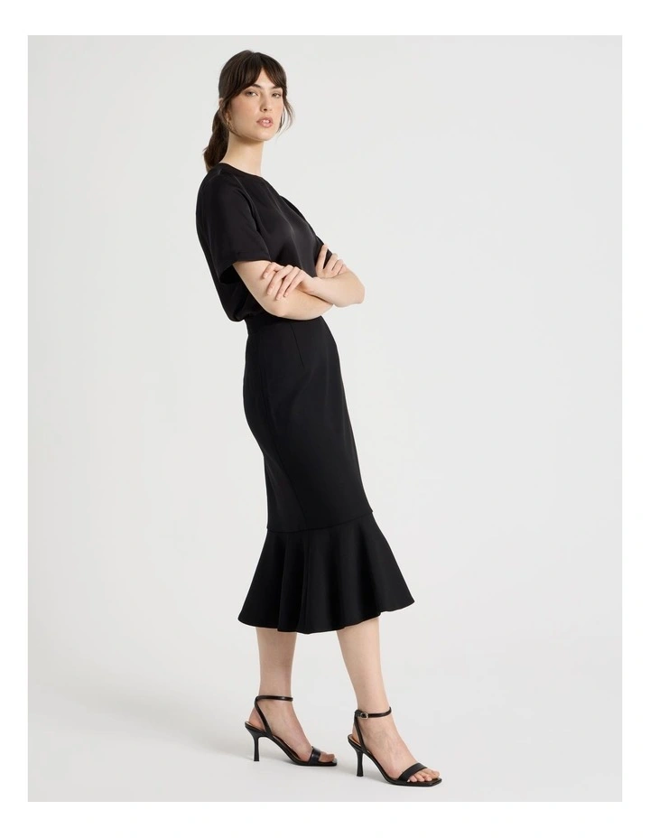Flounce Hem Midi Skirt in Black image 1