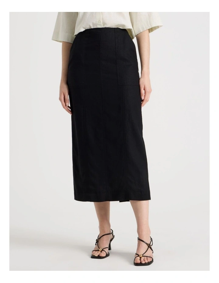 Linen Blend Pencil Skirt in Black image 2