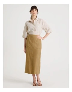 Linen Blend Pencil Skirt in Light Brown
