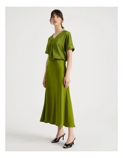 Satin Midi Skirt in Guacamole